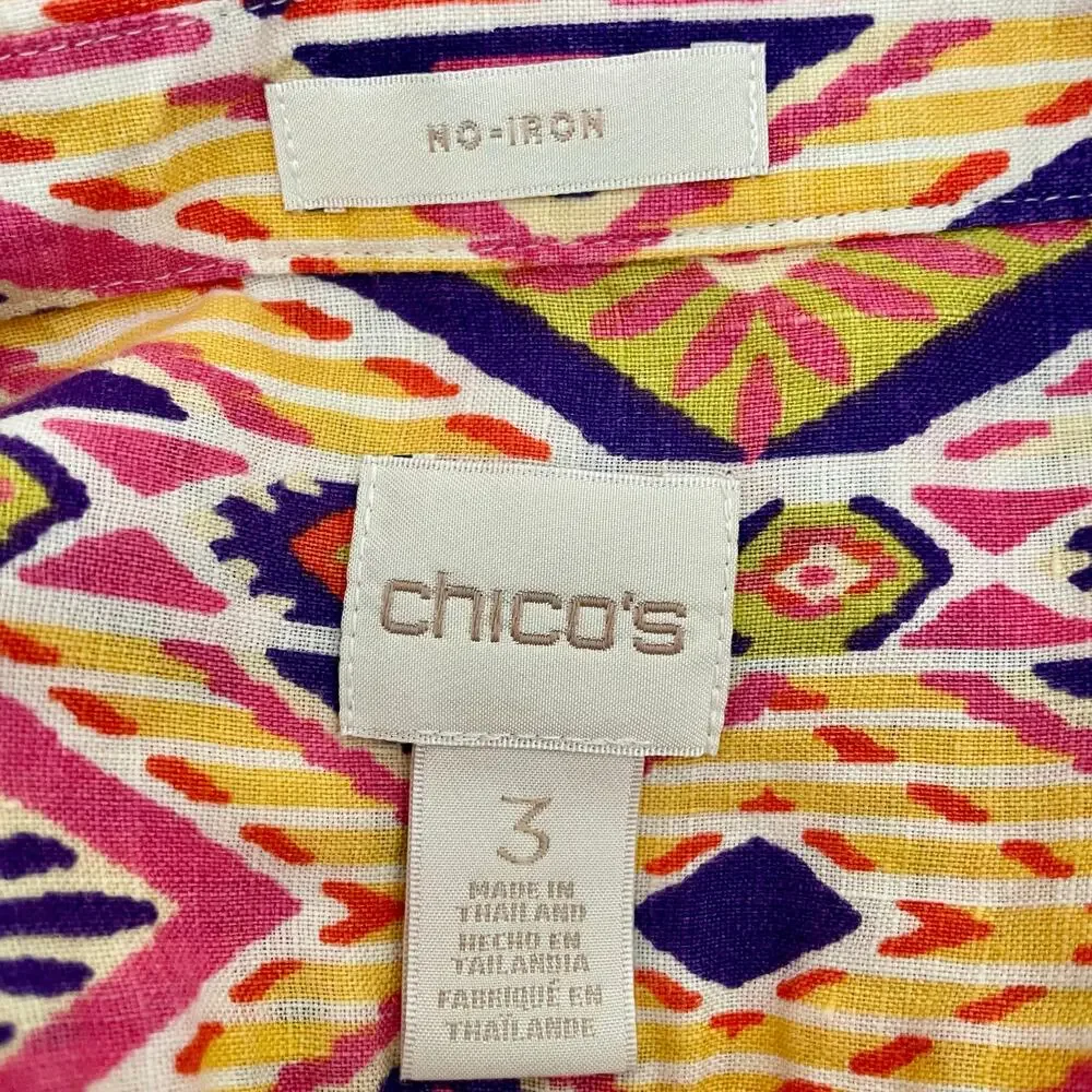 Chico's No Iron 100% Linen Button Down Tunic Sz XL Bright Geometric Print Summer